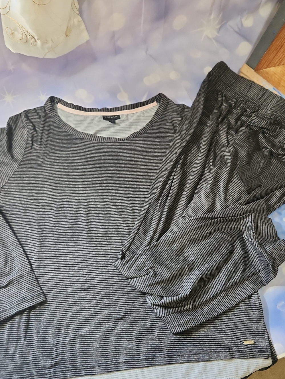 Tahari Striped Women’s Pajama Top in Black, Gray & Pink Trim